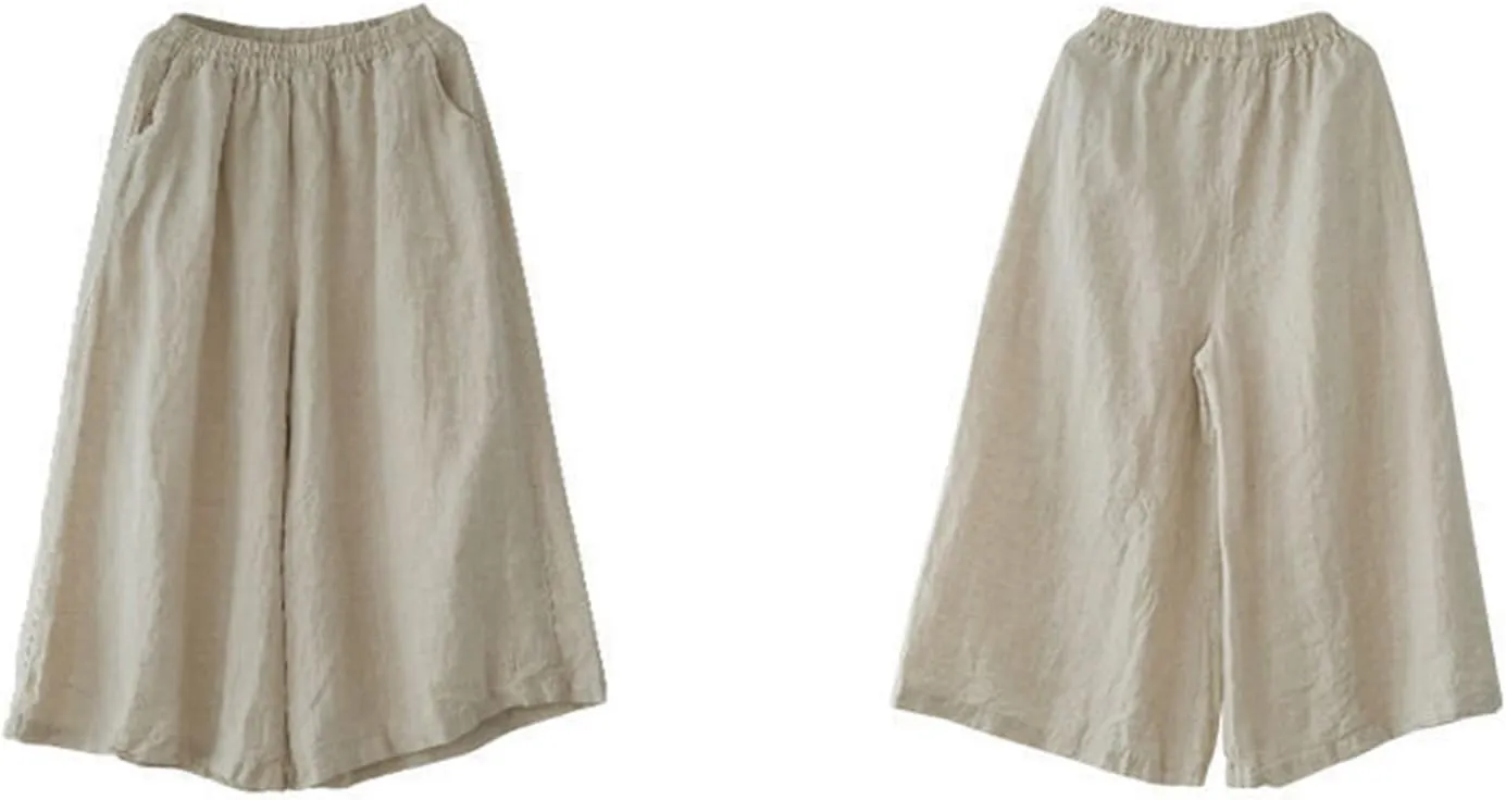 Linen Pants for Women Casual Summer Elastic High Waist Pant Pockets Cropped Trousers Fashion Solid Color Pants