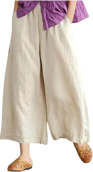 Linen Pants for Women Casual Summer Elastic High Waist Pant Pockets Cropped Trousers Fashion Solid Color Pants