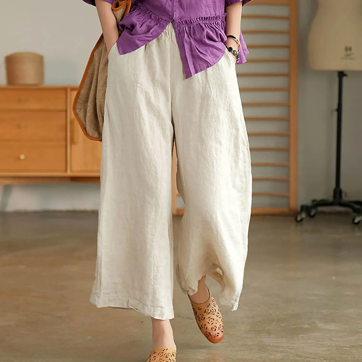 Linen Pants for Women Casual Summer Elastic High Waist Pant Pockets Cropped Trousers Fashion Solid Color Pants