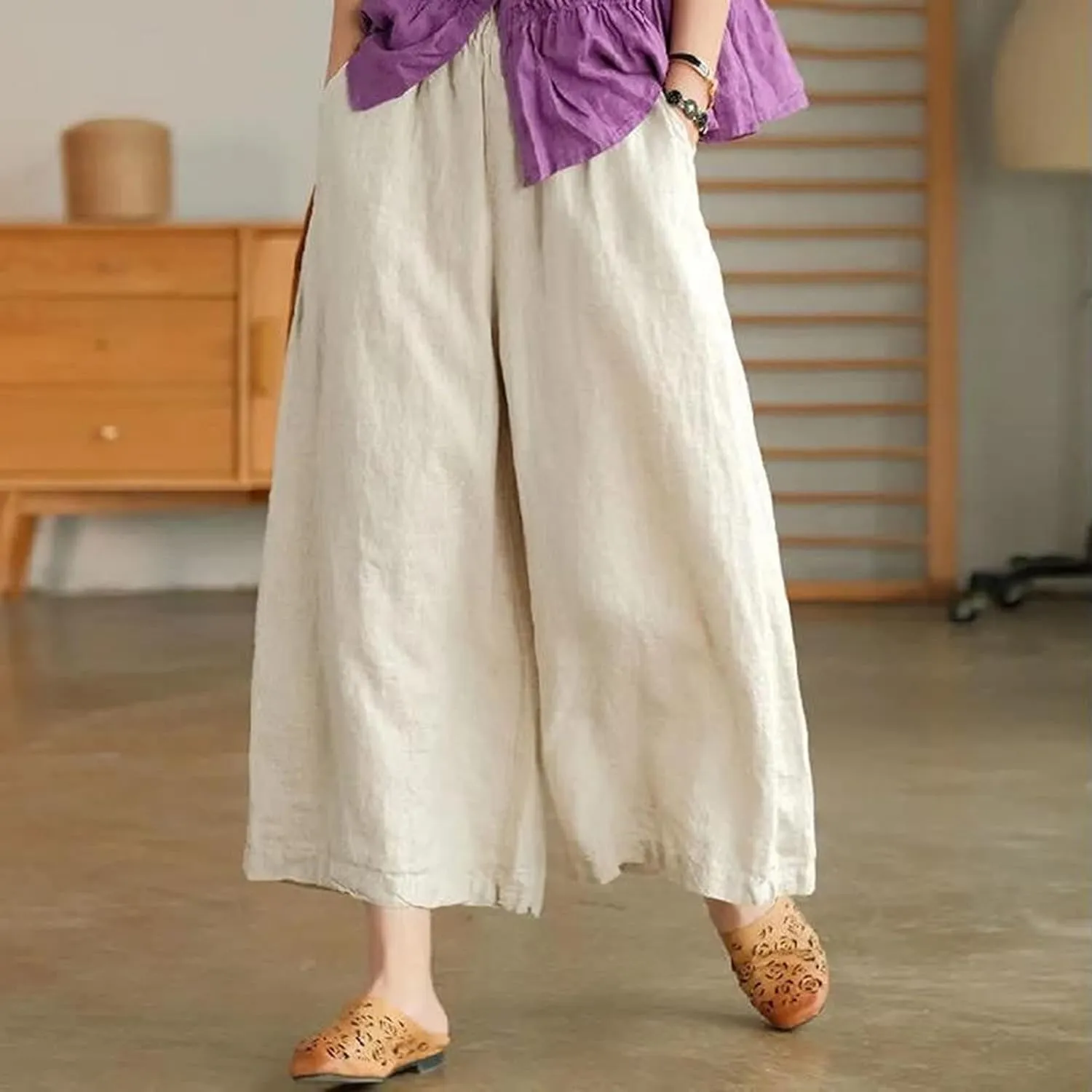 Linen Pants for Women Casual Summer Elastic High Waist Pant Pockets Cropped Trousers Fashion Solid Color Pants