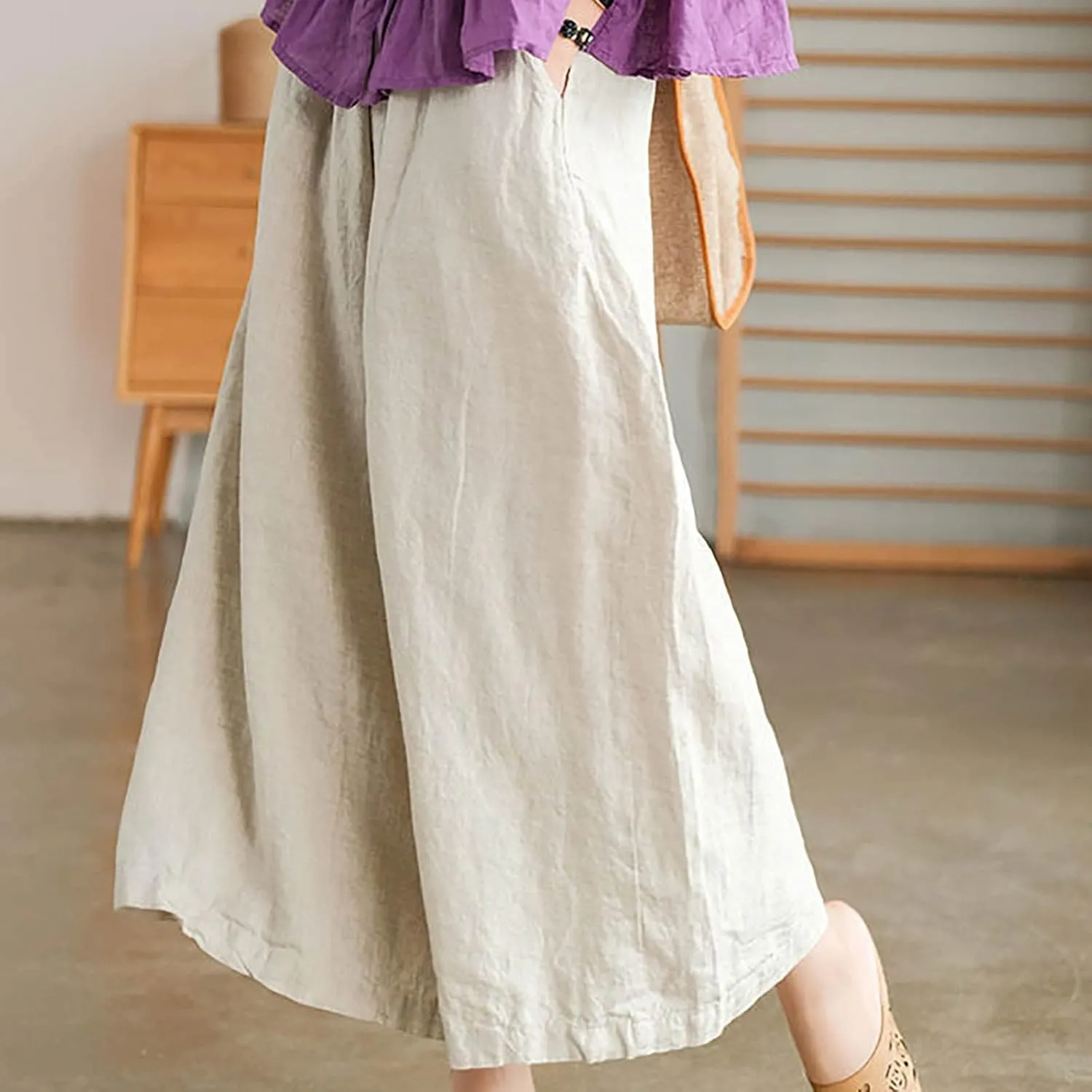 Linen Pants for Women Casual Summer Elastic High Waist Pant Pockets Cropped Trousers Fashion Solid Color Pants