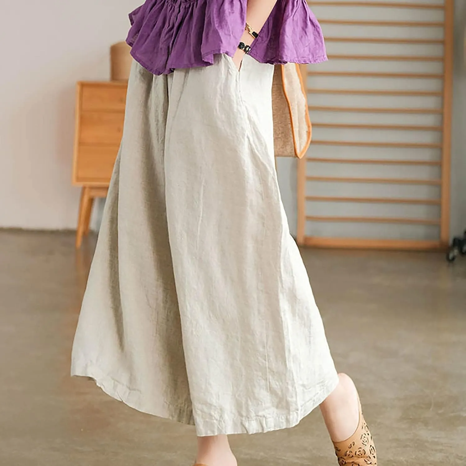 Linen Pants for Women Casual Summer Elastic High Waist Pant Pockets Cropped Trousers Fashion Solid Color Pants