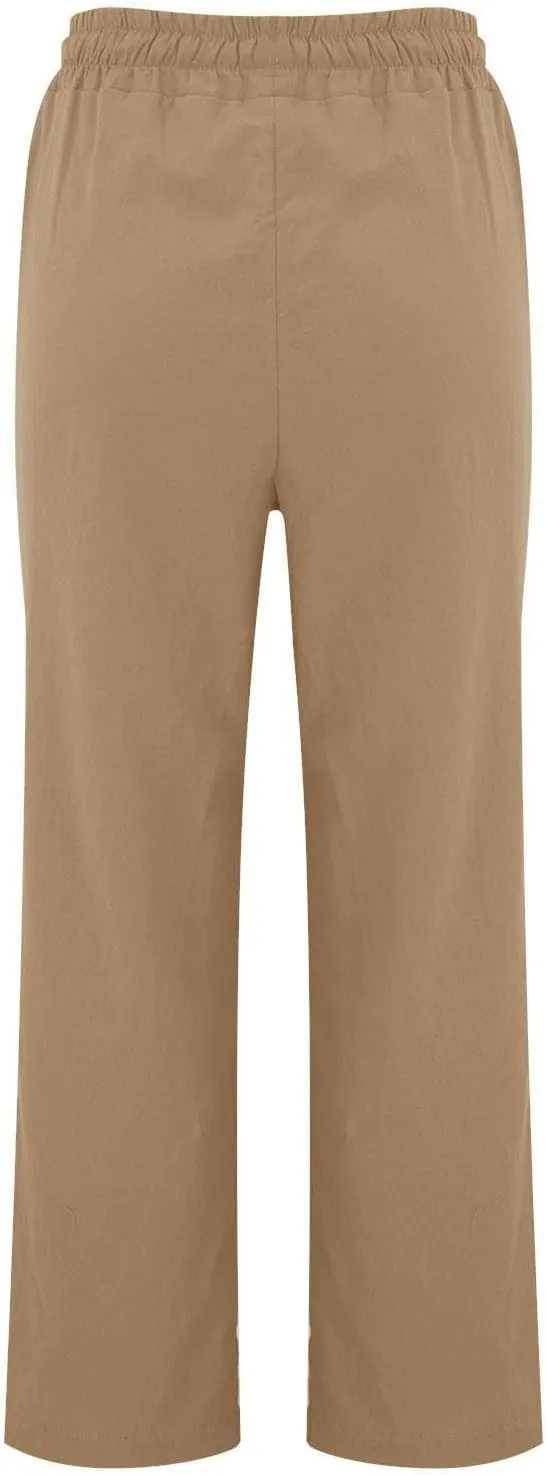Linen Pants for Women Elastic High Waisted Straight Leg Trousers Pants Loose Casual Summer Dress Pants with Pockets