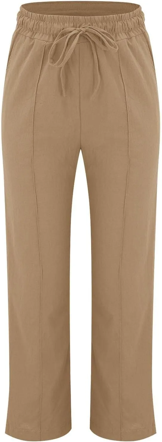 Linen Pants for Women Elastic High Waisted Straight Leg Trousers Pants Loose Casual Summer Dress Pants with Pockets