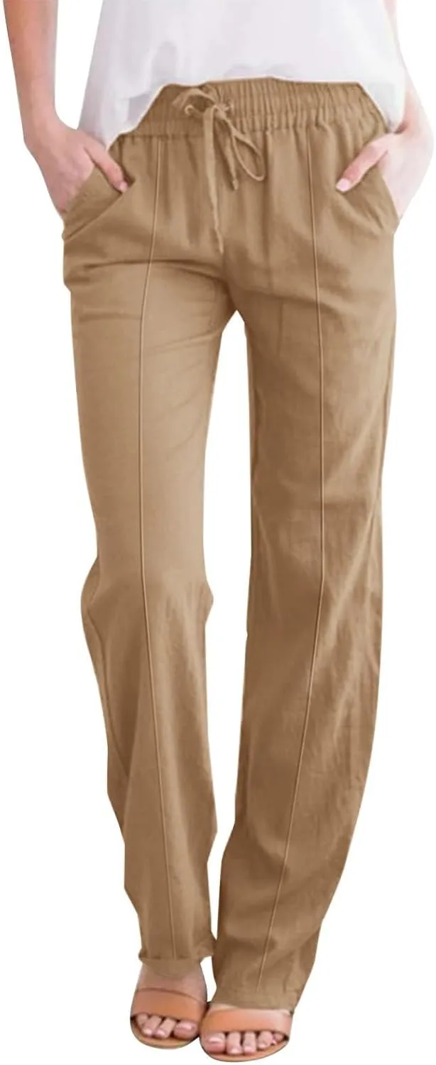 Linen Pants for Women Elastic High Waisted Straight Leg Trousers Pants Loose Casual Summer Dress Pants with Pockets