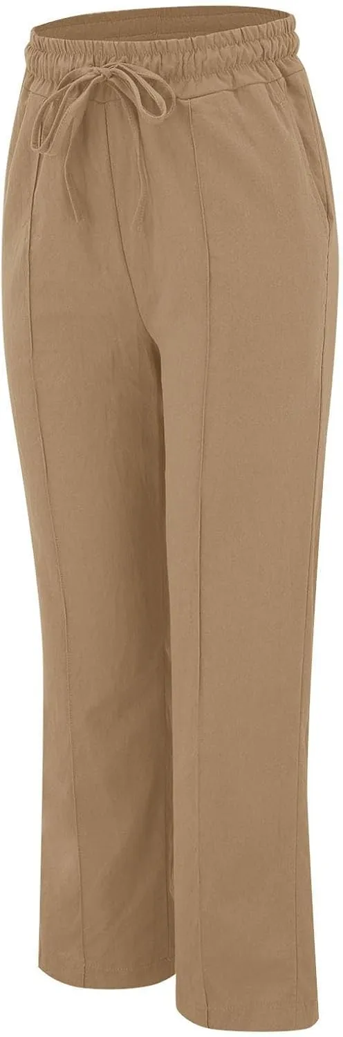 Linen Pants for Women Elastic High Waisted Straight Leg Trousers Pants Loose Casual Summer Dress Pants with Pockets