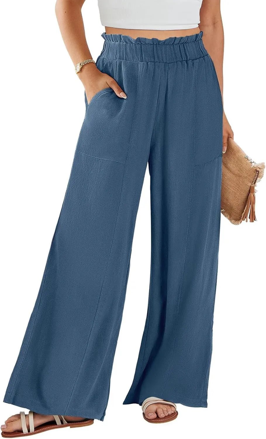 Linen Pants for Women Trendy Casual Ruffle High Waist Wide Leg Beach Palazzo Pants Trousers with Pockets Slacks