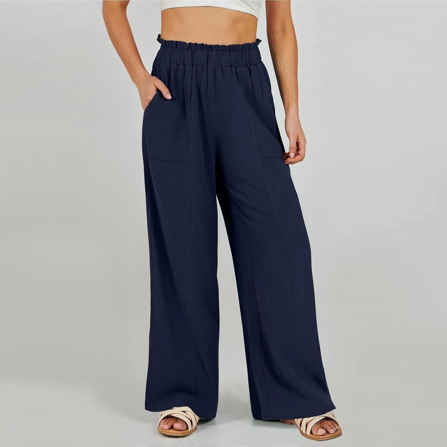 Linen Pants for Women Trendy Casual Ruffle High Waist Wide Leg Beach Palazzo Pants Trousers with Pockets Slacks
