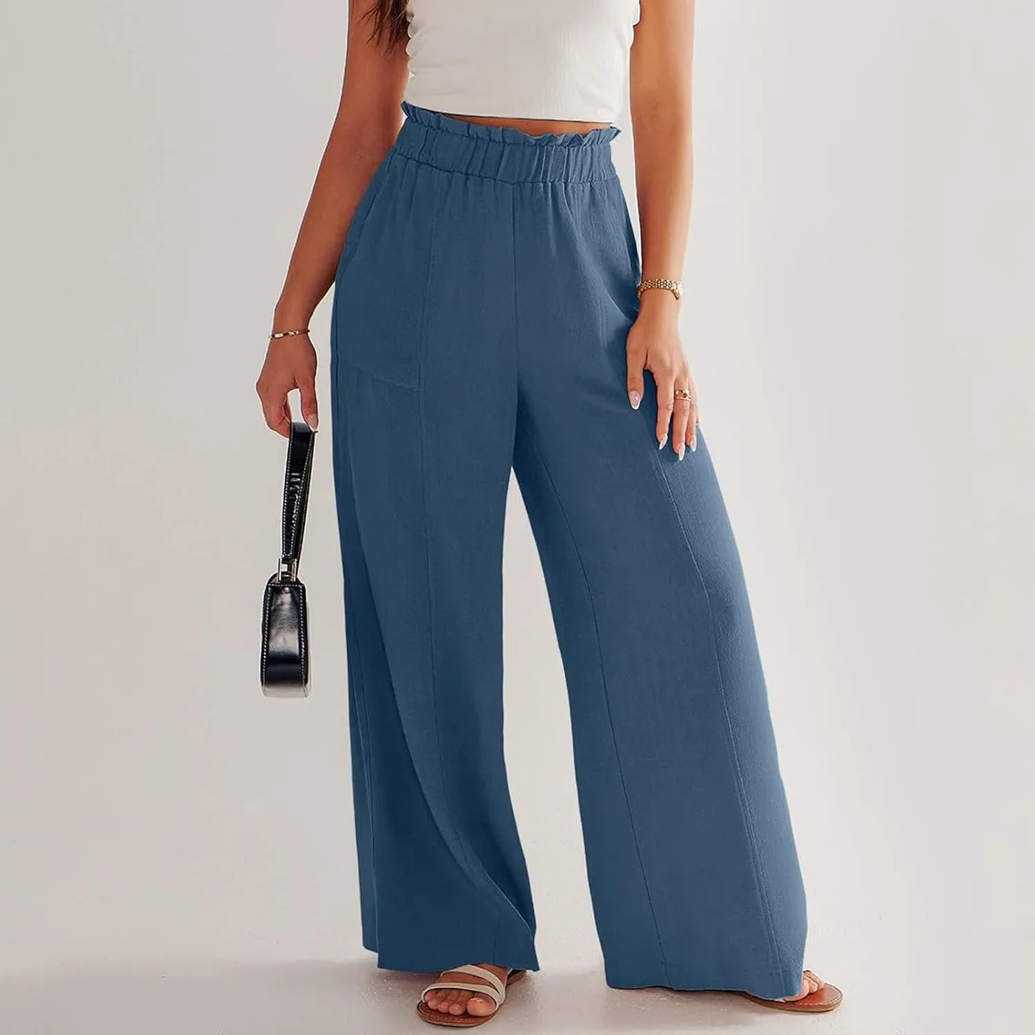 Linen Pants for Women Trendy Casual Ruffle High Waist Wide Leg Beach Palazzo Pants Trousers with Pockets Slacks