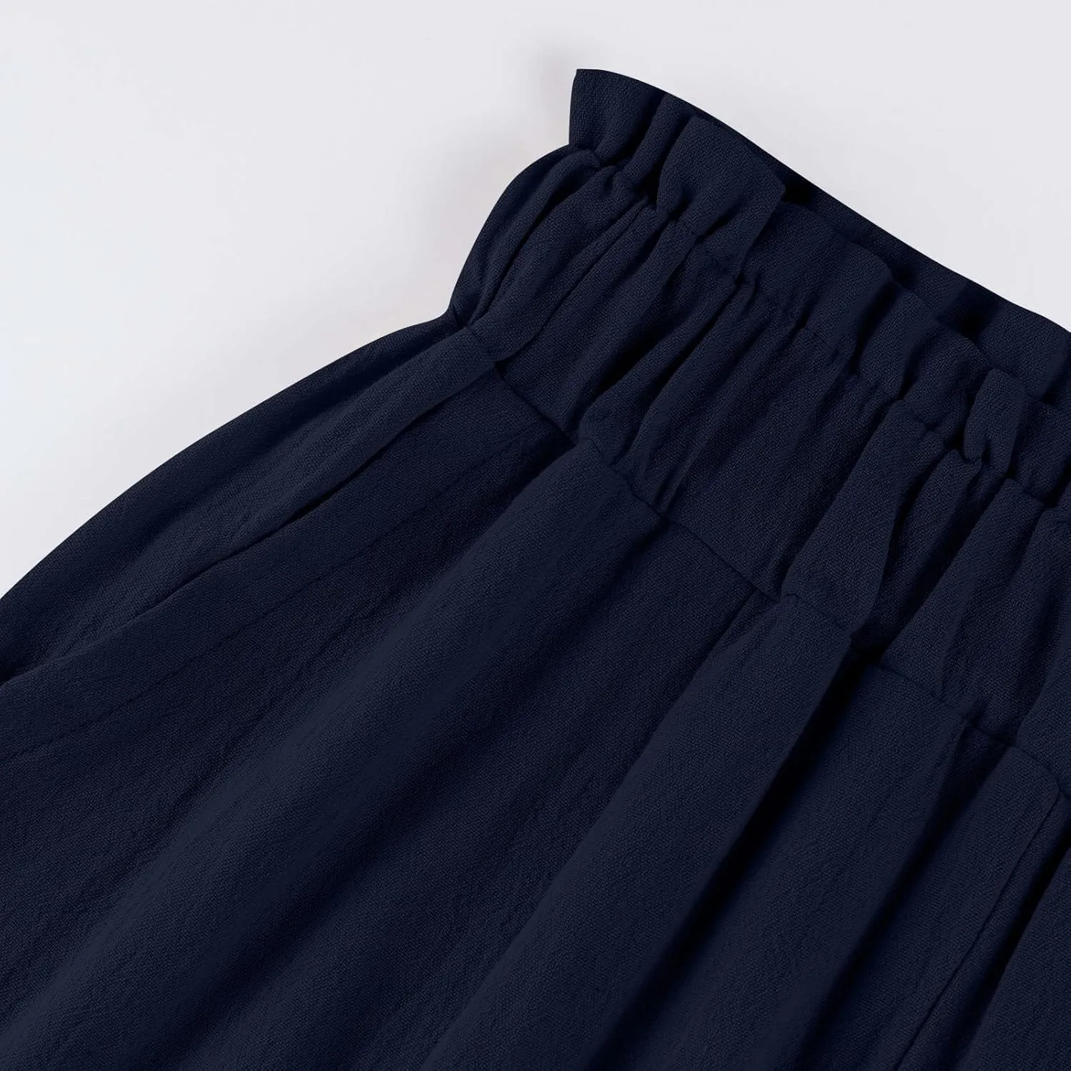 Linen Pants for Women Trendy Casual Ruffle High Waist Wide Leg Beach Palazzo Pants Trousers with Pockets Slacks