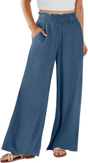 Linen Pants for Women Trendy Casual Ruffle High Waist Wide Leg Beach Palazzo Pants Trousers with Pockets Slacks