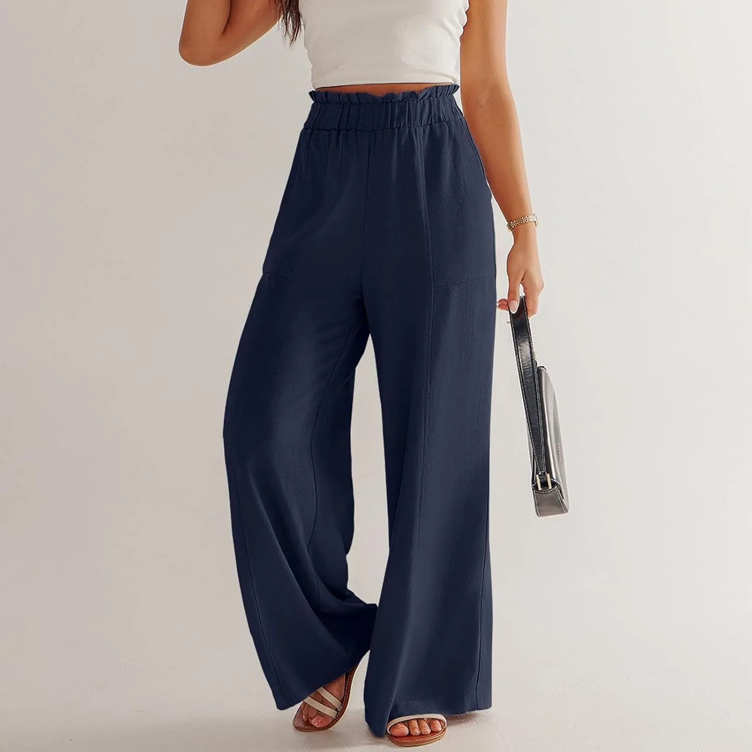 Linen Pants for Women Trendy Casual Ruffle High Waist Wide Leg Beach Palazzo Pants Trousers with Pockets Slacks