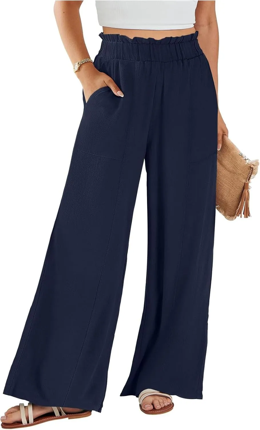 Linen Pants for Women Trendy Casual Ruffle High Waist Wide Leg Beach Palazzo Pants Trousers with Pockets Slacks
