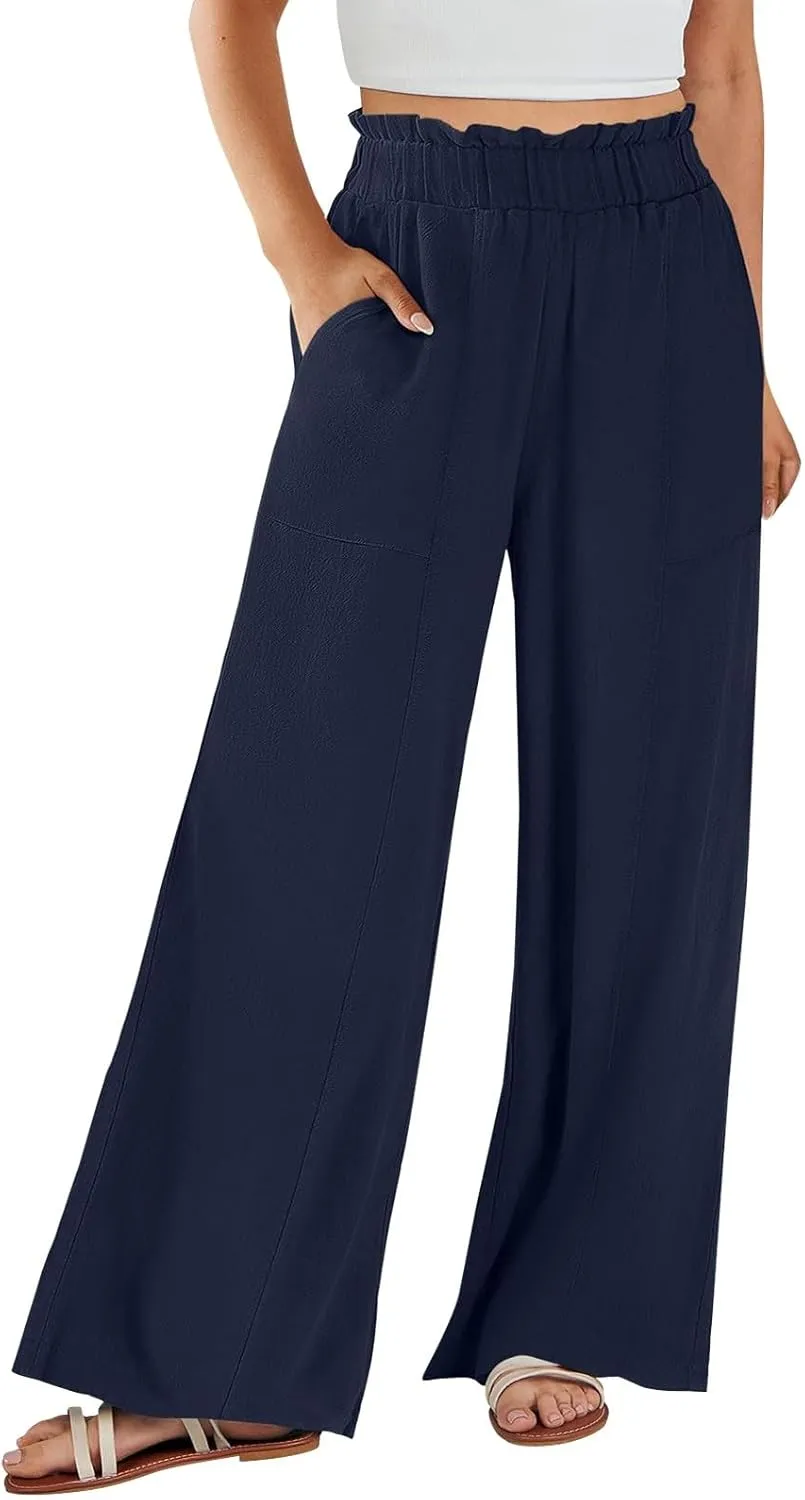 Linen Pants for Women Trendy Casual Ruffle High Waist Wide Leg Beach Palazzo Pants Trousers with Pockets Slacks