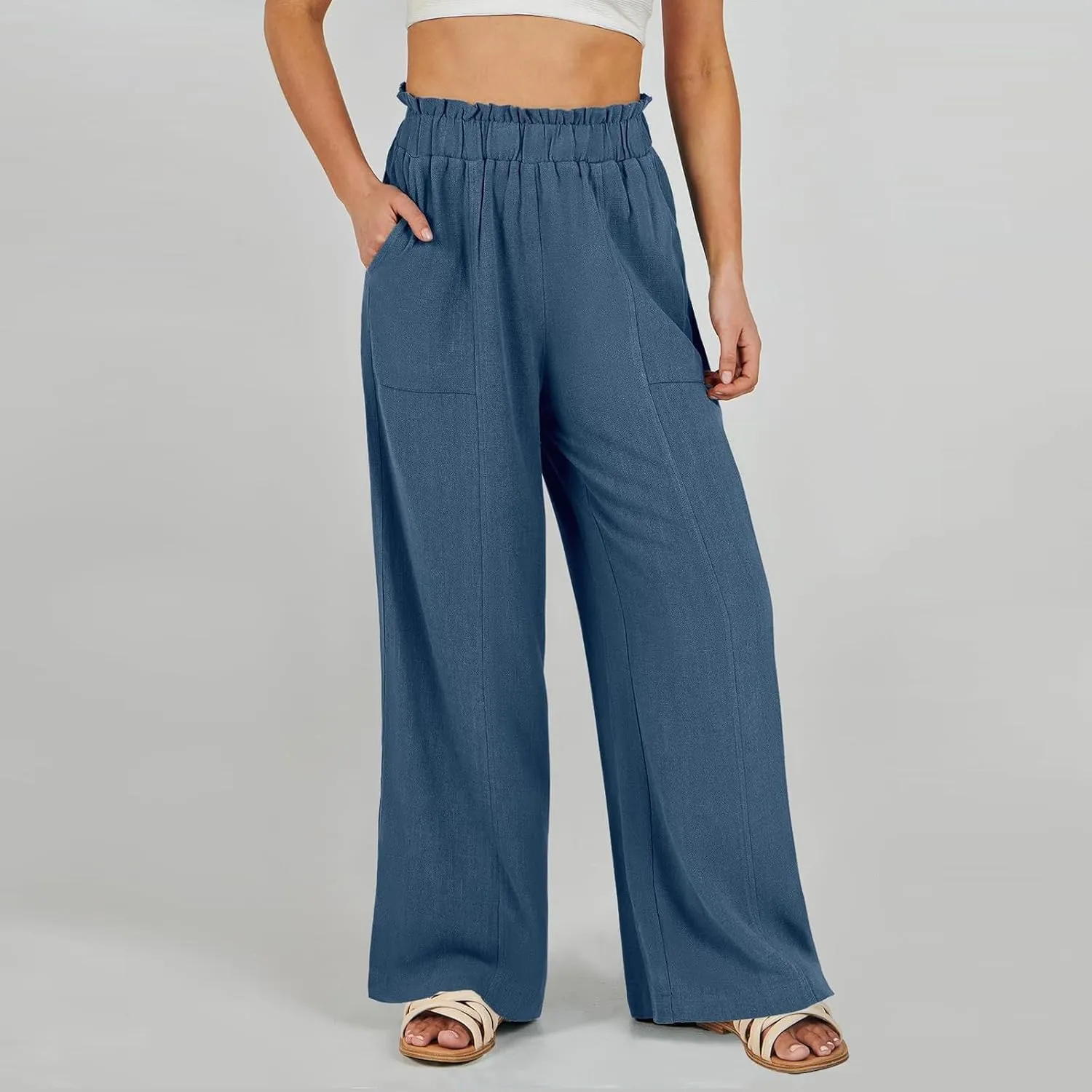 Linen Pants for Women Trendy Casual Ruffle High Waist Wide Leg Beach Palazzo Pants Trousers with Pockets Slacks