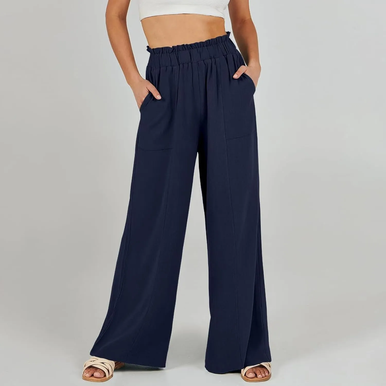 Linen Pants for Women Trendy Casual Ruffle High Waist Wide Leg Beach Palazzo Pants Trousers with Pockets Slacks