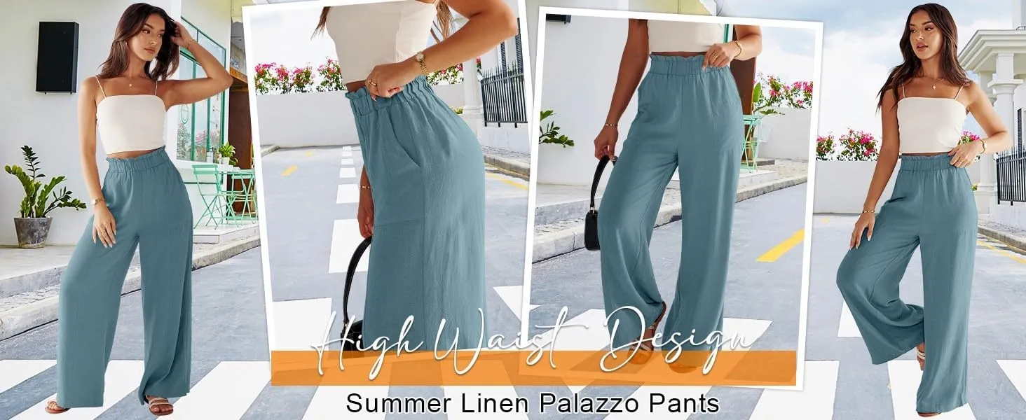 Linen Pants for Women Trendy Casual Ruffle High Waist Wide Leg Beach Palazzo Pants Trousers with Pockets Slacks