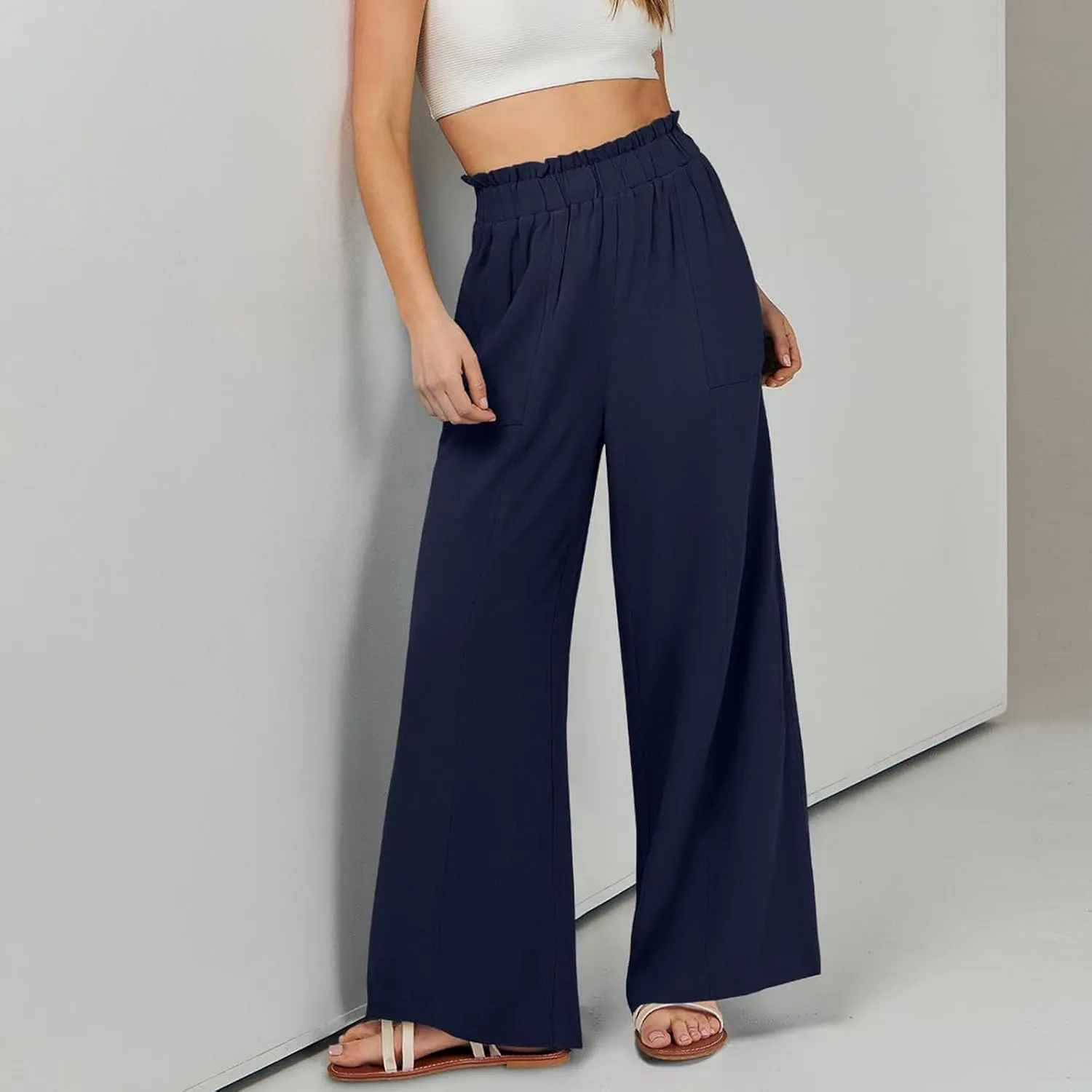 Linen Pants for Women Trendy Casual Ruffle High Waist Wide Leg Beach Palazzo Pants Trousers with Pockets Slacks