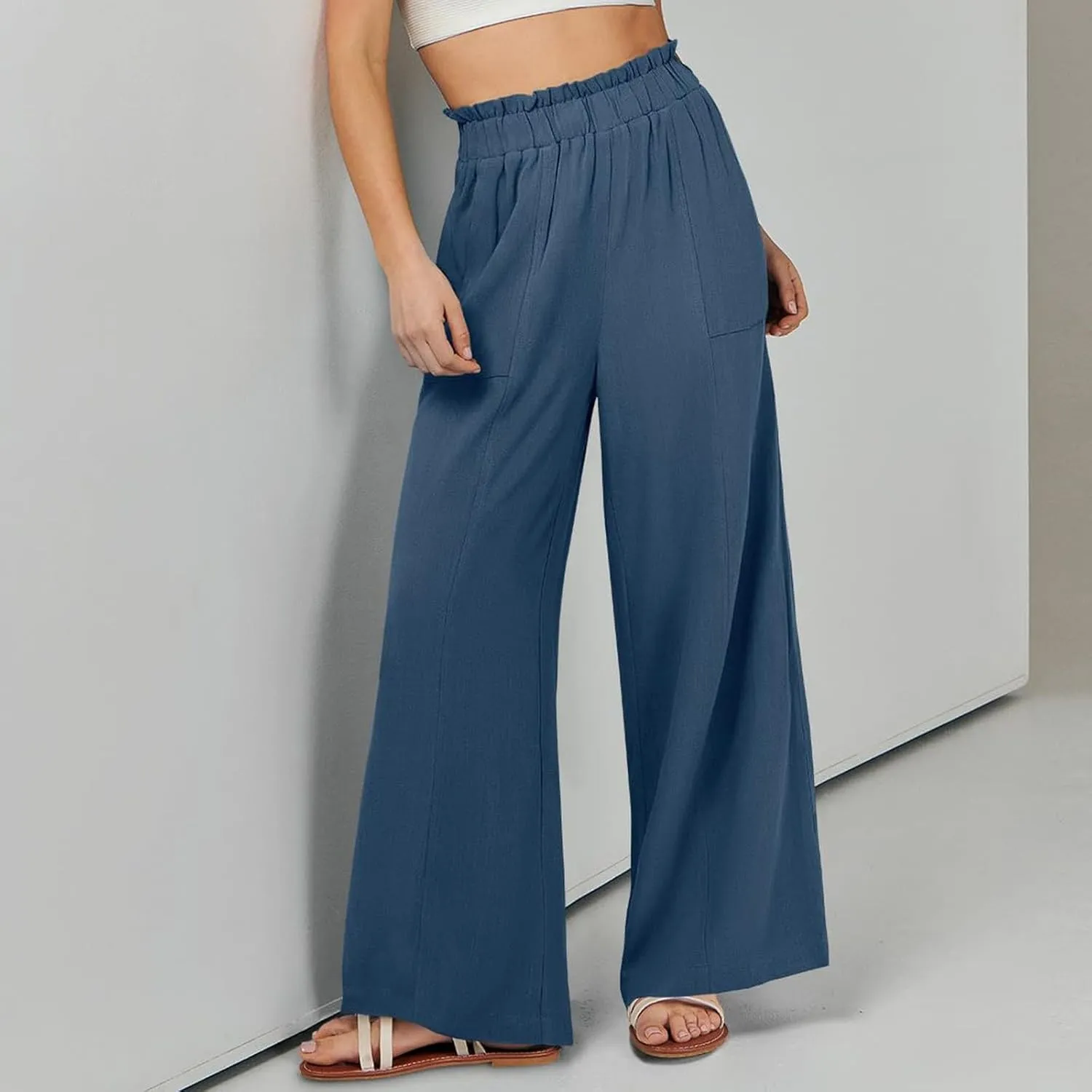 Linen Pants for Women Trendy Casual Ruffle High Waist Wide Leg Beach Palazzo Pants Trousers with Pockets Slacks