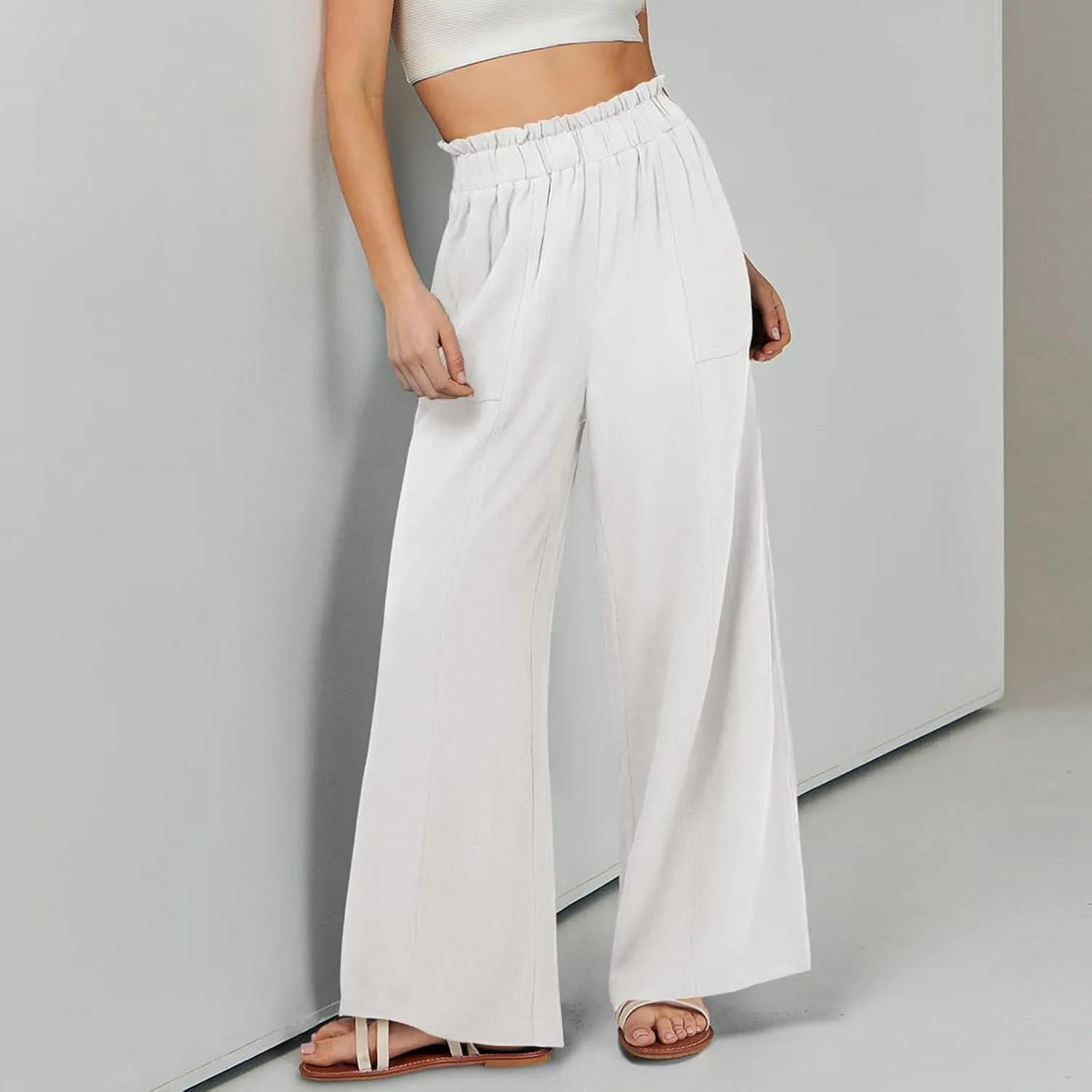 Linen Pants for Women Trendy Casual Trousers with Pockets Wide Leg Beach Palazzo Pants Ruffle High Waist Slacks