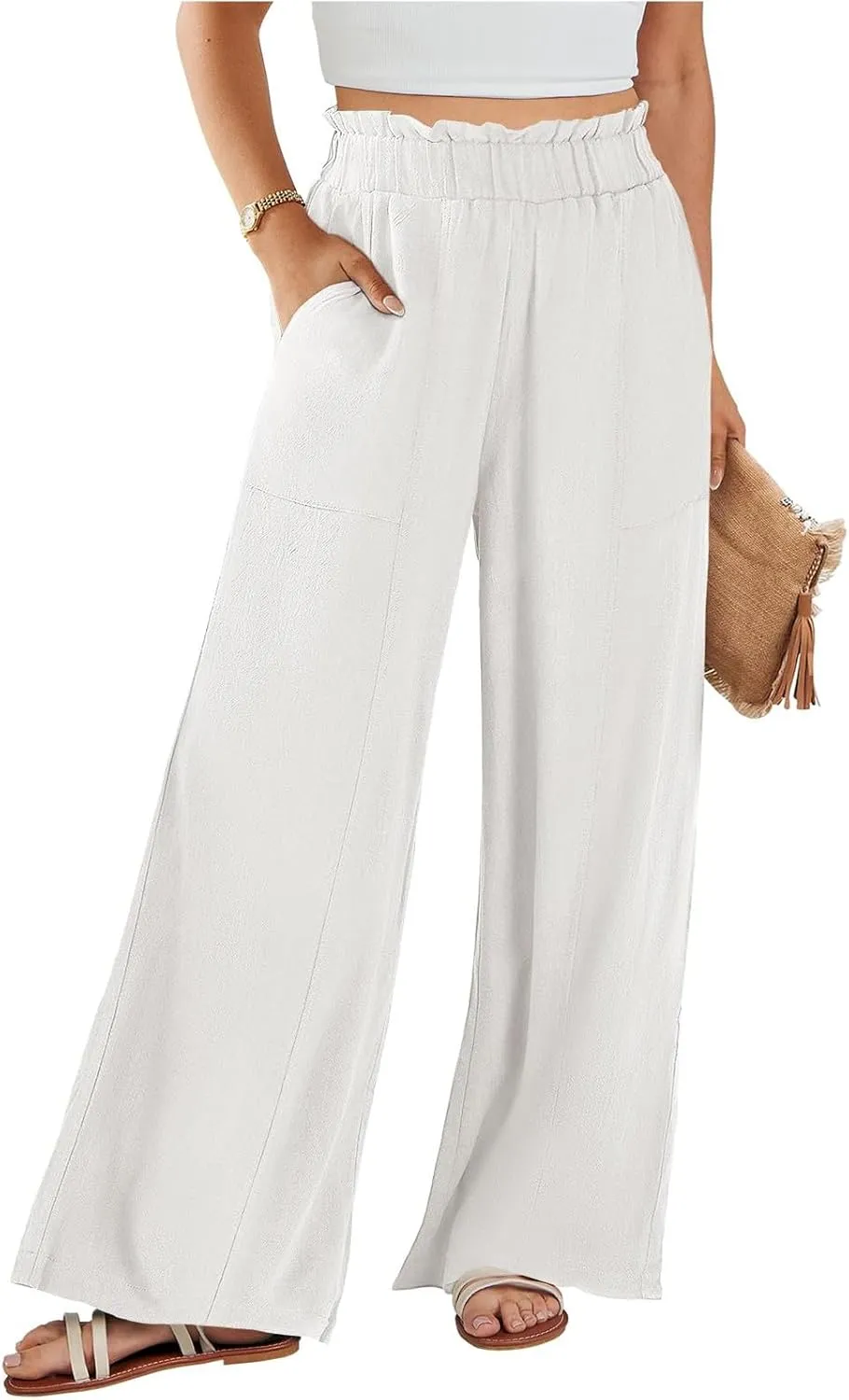 Linen Pants for Women Trendy Casual Trousers with Pockets Wide Leg Beach Palazzo Pants Ruffle High Waist Slacks