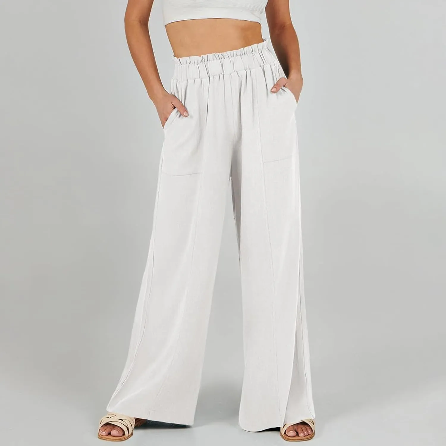 Linen Pants for Women Trendy Casual Trousers with Pockets Wide Leg Beach Palazzo Pants Ruffle High Waist Slacks