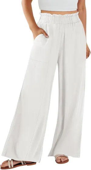 Linen Pants for Women Trendy Casual Trousers with Pockets Wide Leg Beach Palazzo Pants Ruffle High Waist Slacks
