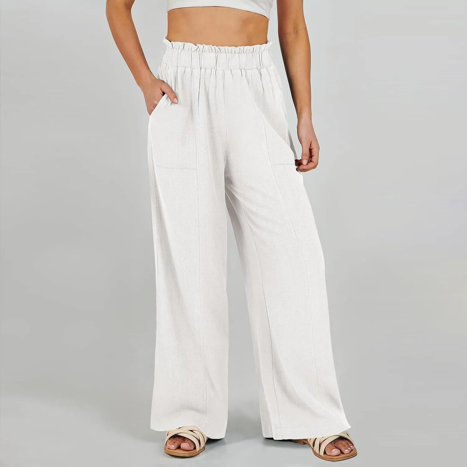 Linen Pants for Women Trendy Casual Trousers with Pockets Wide Leg Beach Palazzo Pants Ruffle High Waist Slacks