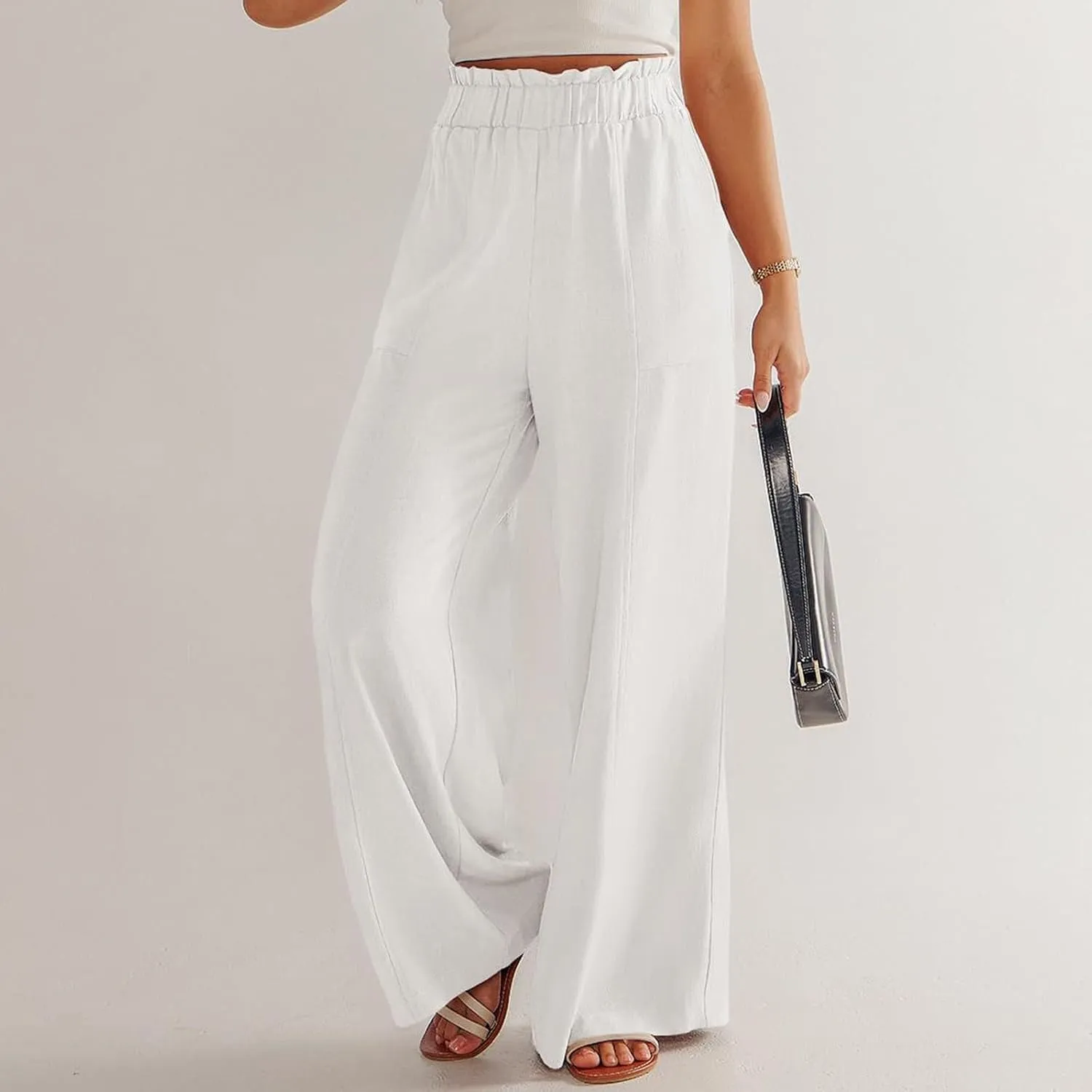Linen Pants for Women Trendy Casual Trousers with Pockets Wide Leg Beach Palazzo Pants Ruffle High Waist Slacks