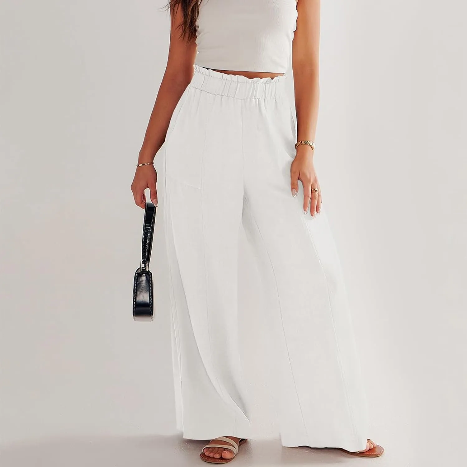 Linen Pants for Women Trendy Casual Trousers with Pockets Wide Leg Beach Palazzo Pants Ruffle High Waist Slacks