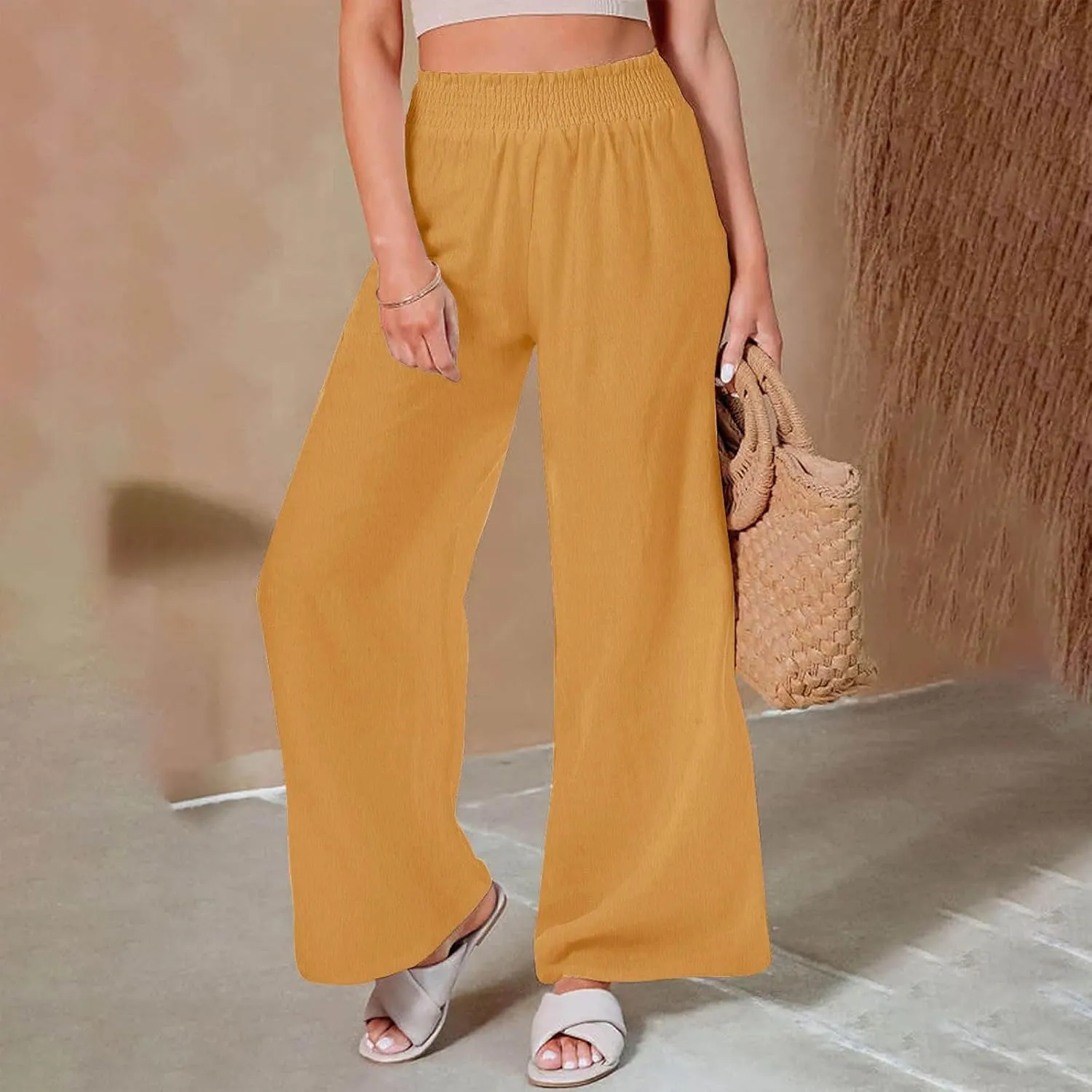 Linen Pants for Women's Smocked High Waist Palazzo Pants Summer Flowy Long Pants Wide Leg Beach Trousers with Pockets