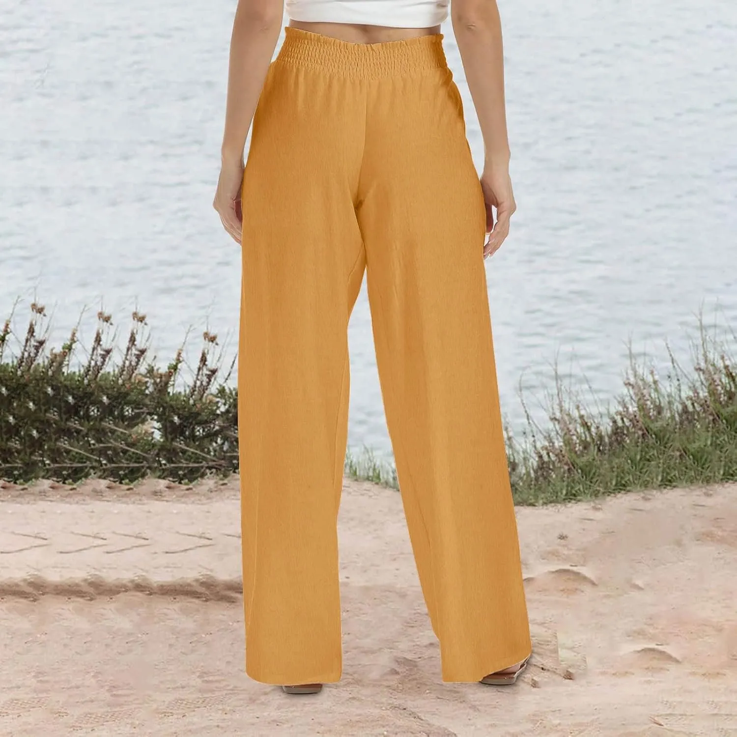Linen Pants for Women's Smocked High Waist Palazzo Pants Summer Flowy Long Pants Wide Leg Beach Trousers with Pockets