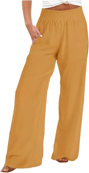 Linen Pants for Women's Smocked High Waist Palazzo Pants Summer Flowy Long Pants Wide Leg Beach Trousers with Pockets