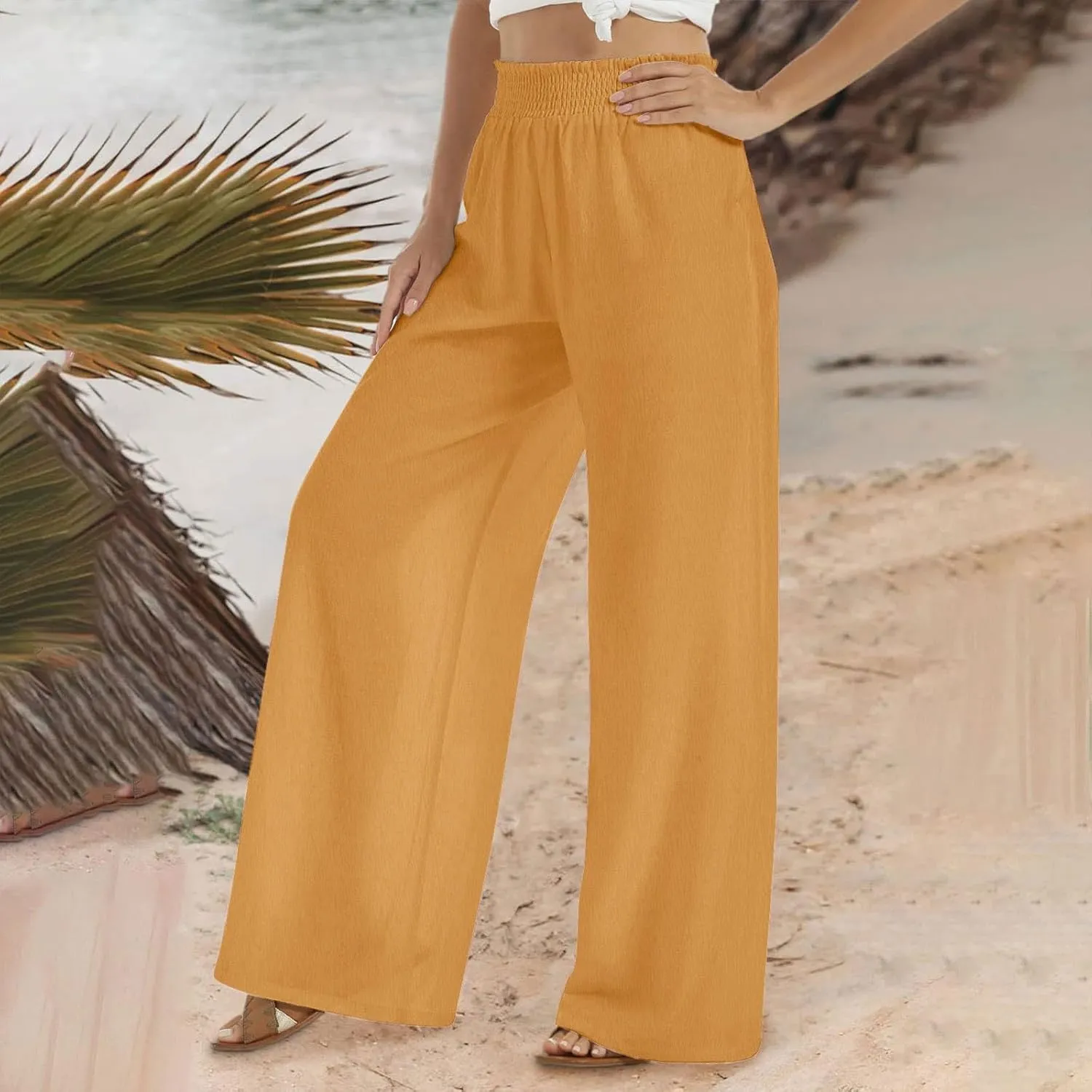 Linen Pants for Women's Smocked High Waist Palazzo Pants Summer Flowy Long Pants Wide Leg Beach Trousers with Pockets