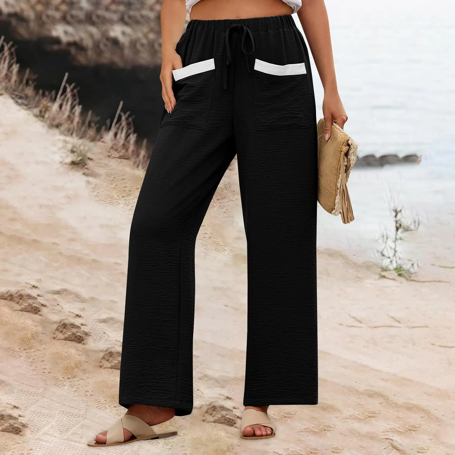 Linen Pants Women 2025 Summer Drawstring Elastic High Waisted Wide Leg Beach Pants Lounge Baggy Vacation Trousers w/Pockets