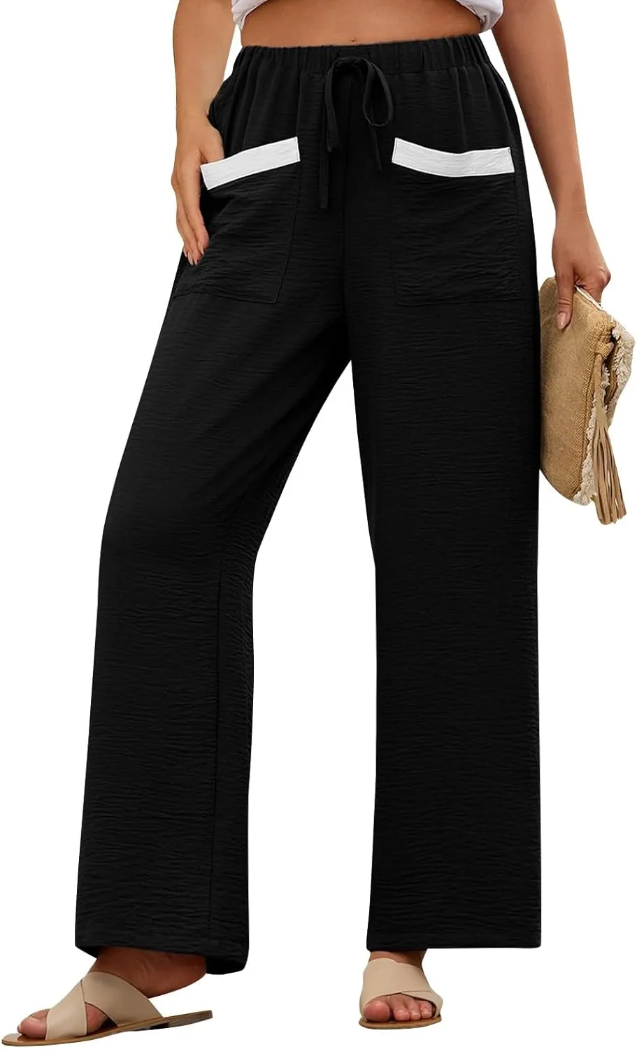 Linen Pants Women 2025 Summer Drawstring Elastic High Waisted Wide Leg Beach Pants Lounge Baggy Vacation Trousers w/Pockets
