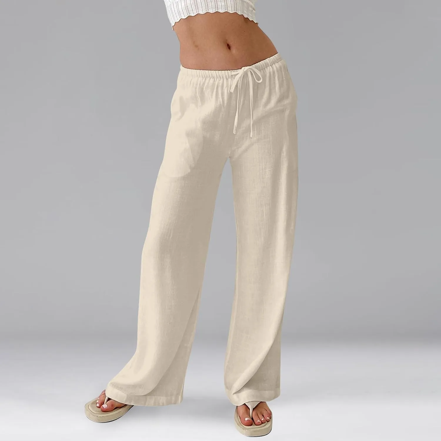 Linen Pants Women Baggy High Waisted Wide Leg Yoga Pants with Pockets Casual Summer Beach Vacation Trousers Pants