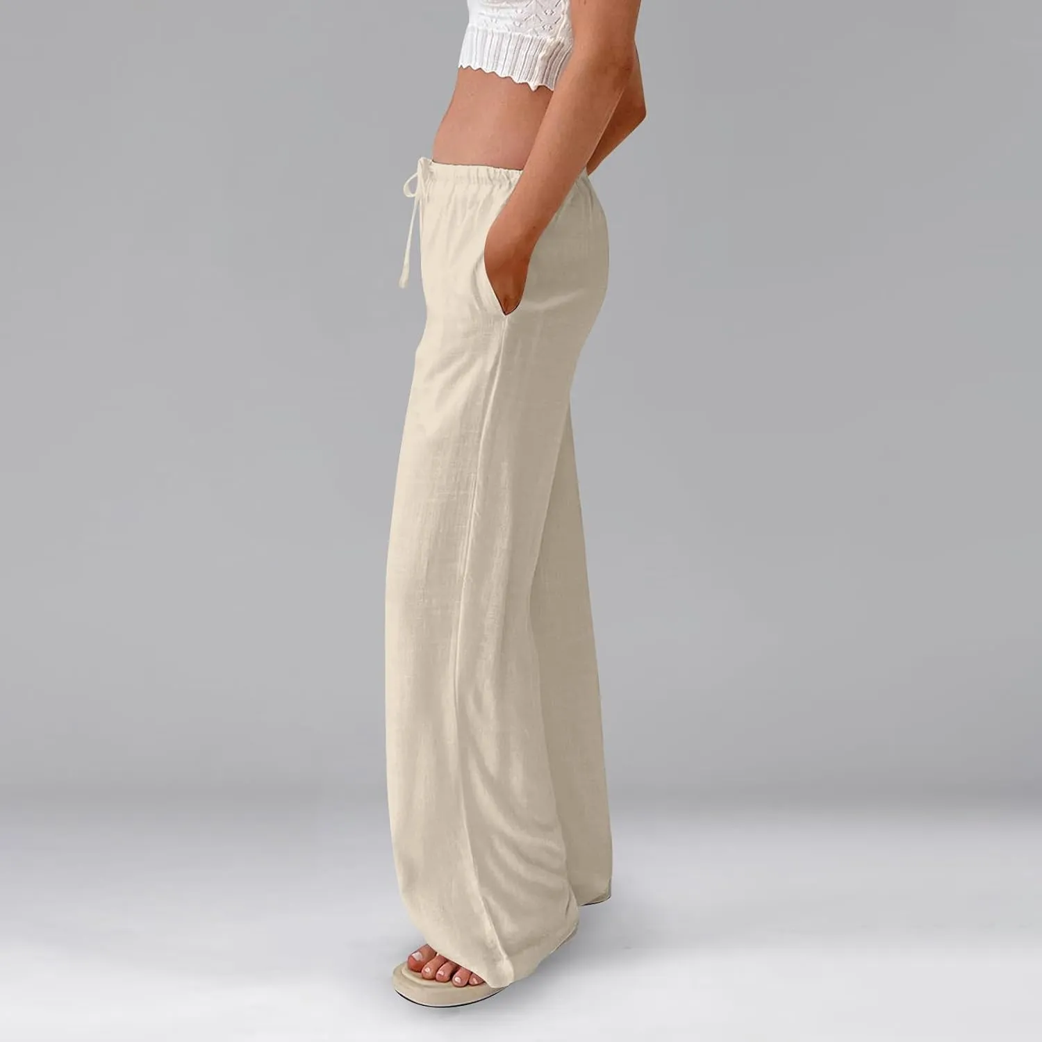 Linen Pants Women Baggy High Waisted Wide Leg Yoga Pants with Pockets Casual Summer Beach Vacation Trousers Pants