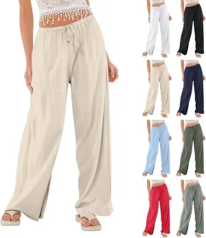Linen Pants Women Baggy High Waisted Wide Leg Yoga Pants with Pockets Casual Summer Beach Vacation Trousers Pants