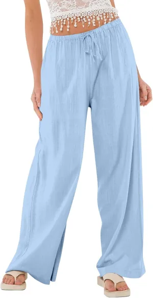Linen Pants Women Baggy High Waisted Wide Leg Yoga Pants with Pockets Casual Summer Beach Vacation Trousers Pants
