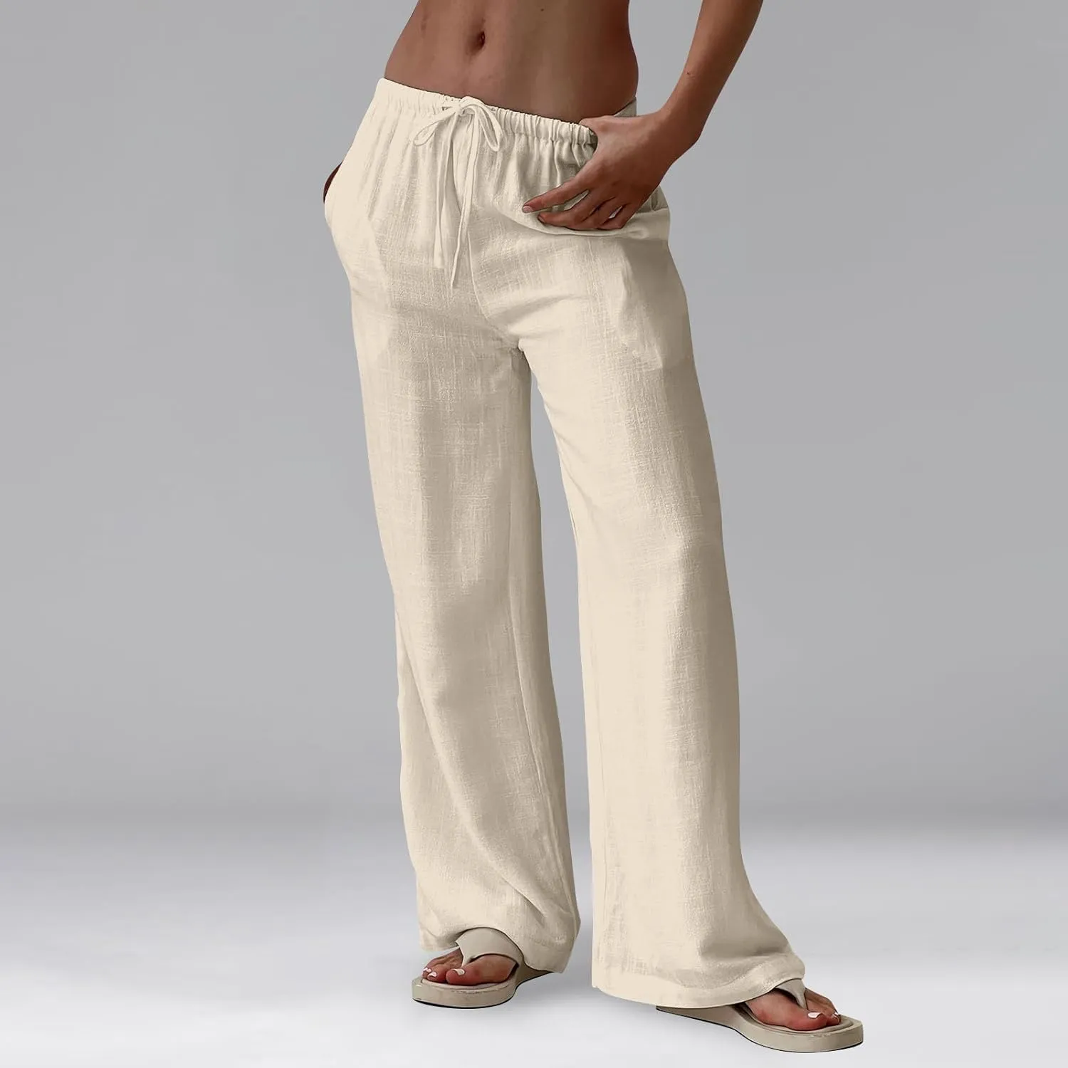 Linen Pants Women Baggy High Waisted Wide Leg Yoga Pants with Pockets Casual Summer Beach Vacation Trousers Pants