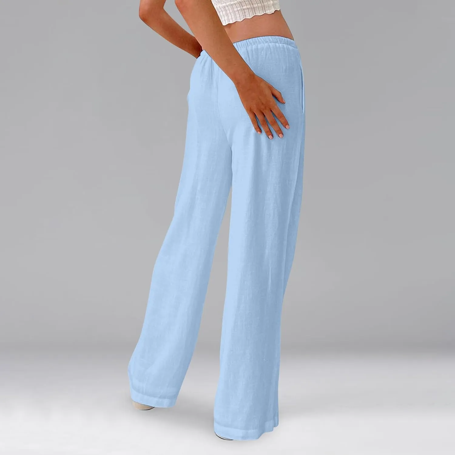 Linen Pants Women Baggy High Waisted Wide Leg Yoga Pants with Pockets Casual Summer Beach Vacation Trousers Pants