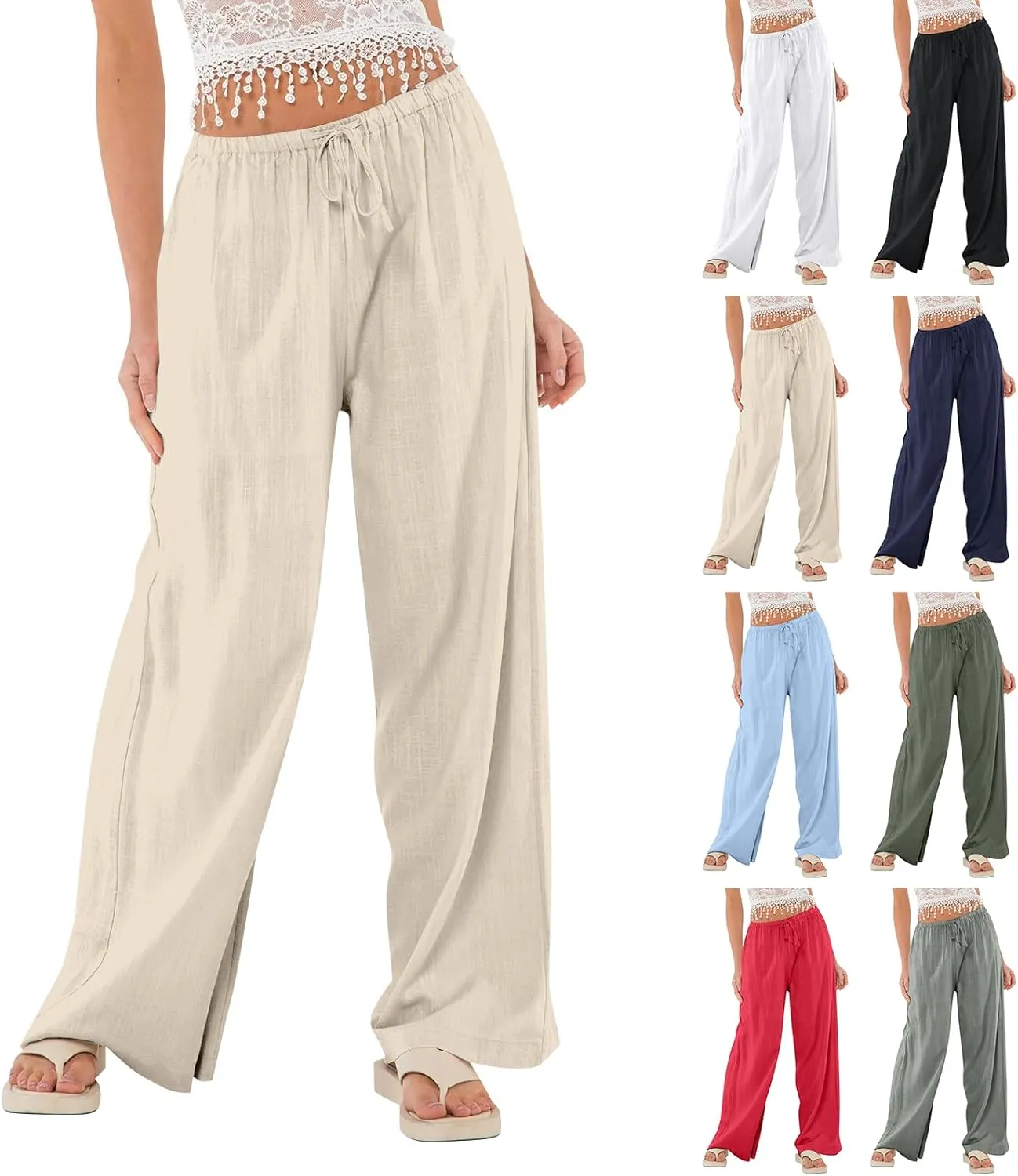 Linen Pants Women Baggy High Waisted Wide Leg Yoga Pants with Pockets Casual Summer Beach Vacation Trousers Pants