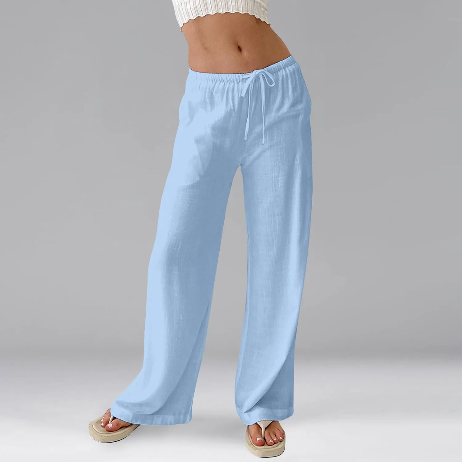 Linen Pants Women Baggy High Waisted Wide Leg Yoga Pants with Pockets Casual Summer Beach Vacation Trousers Pants