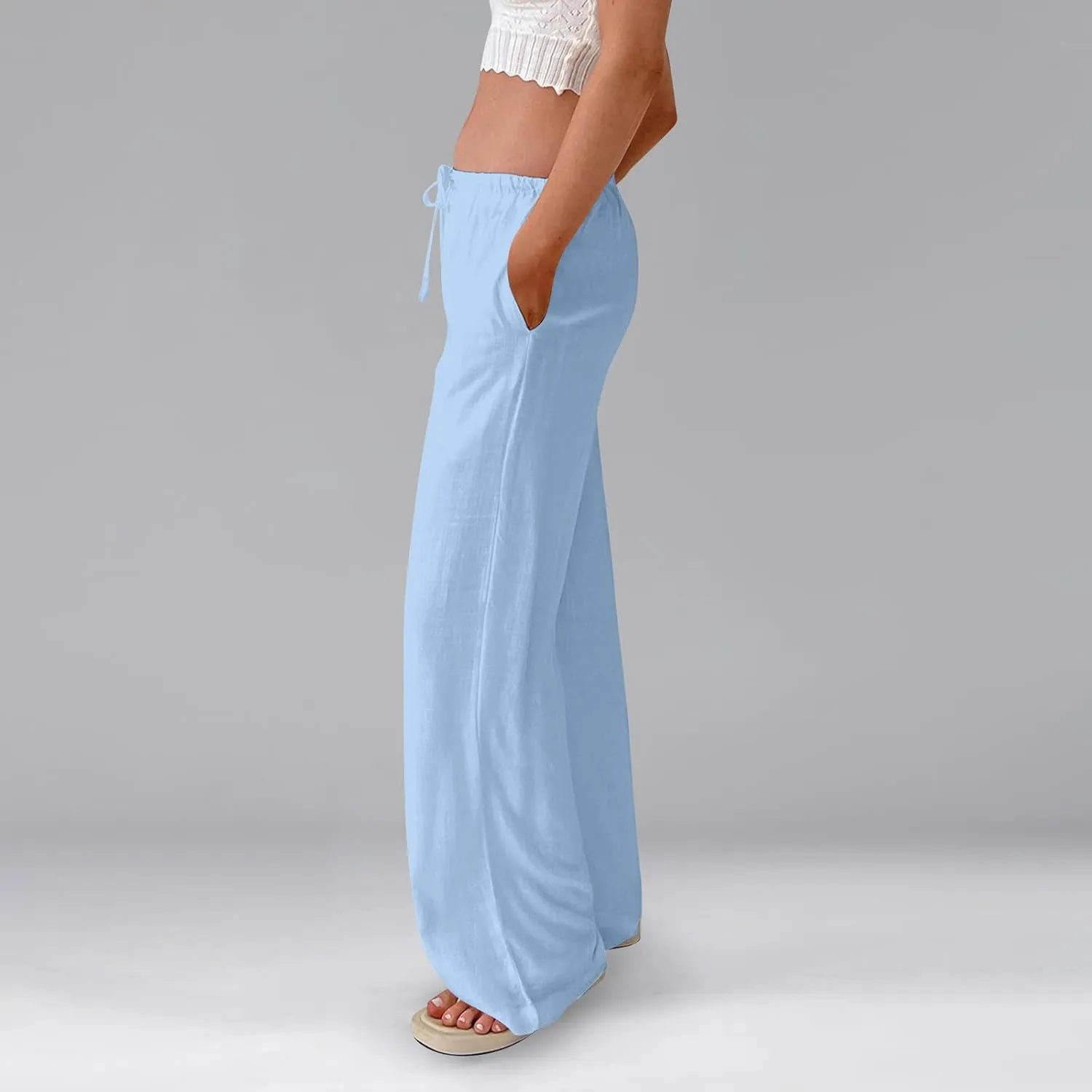 Linen Pants Women Baggy High Waisted Wide Leg Yoga Pants with Pockets Casual Summer Beach Vacation Trousers Pants