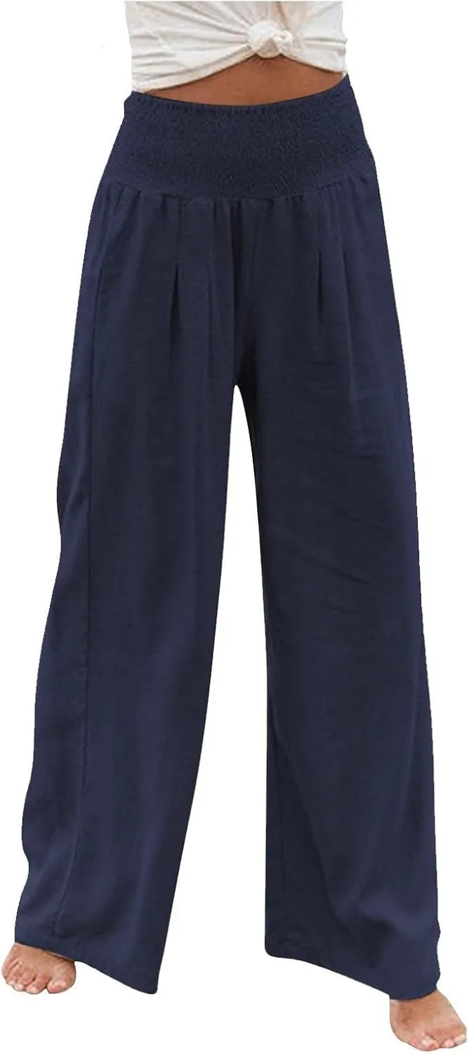 Linen Pants Women Baggy Wide Leg Flowy Beach Pants Elastic High Waisted Smocked Tummy Control Vacation Pants with Pockets