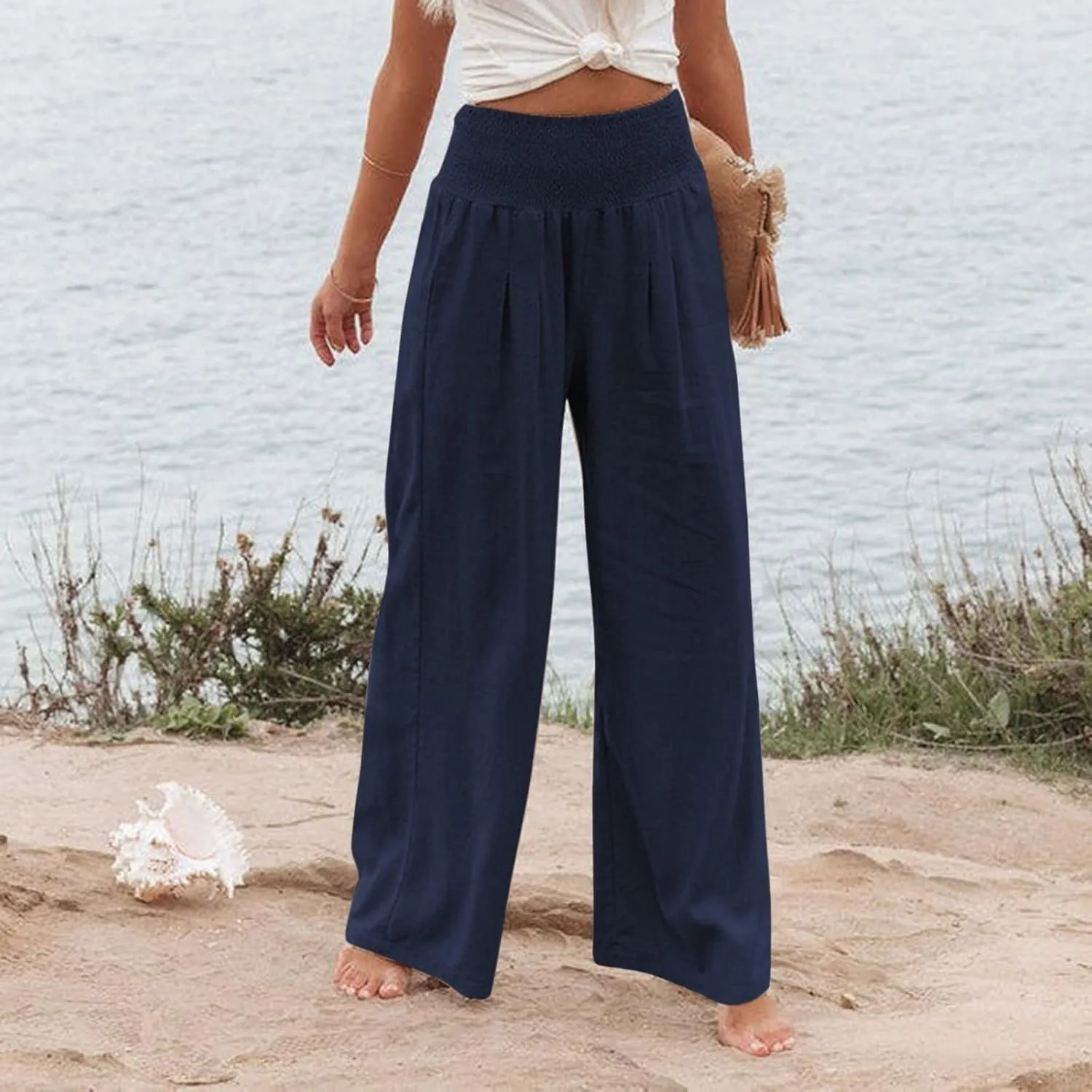 Linen Pants Women Baggy Wide Leg Flowy Beach Pants Elastic High Waisted Smocked Tummy Control Vacation Pants with Pockets