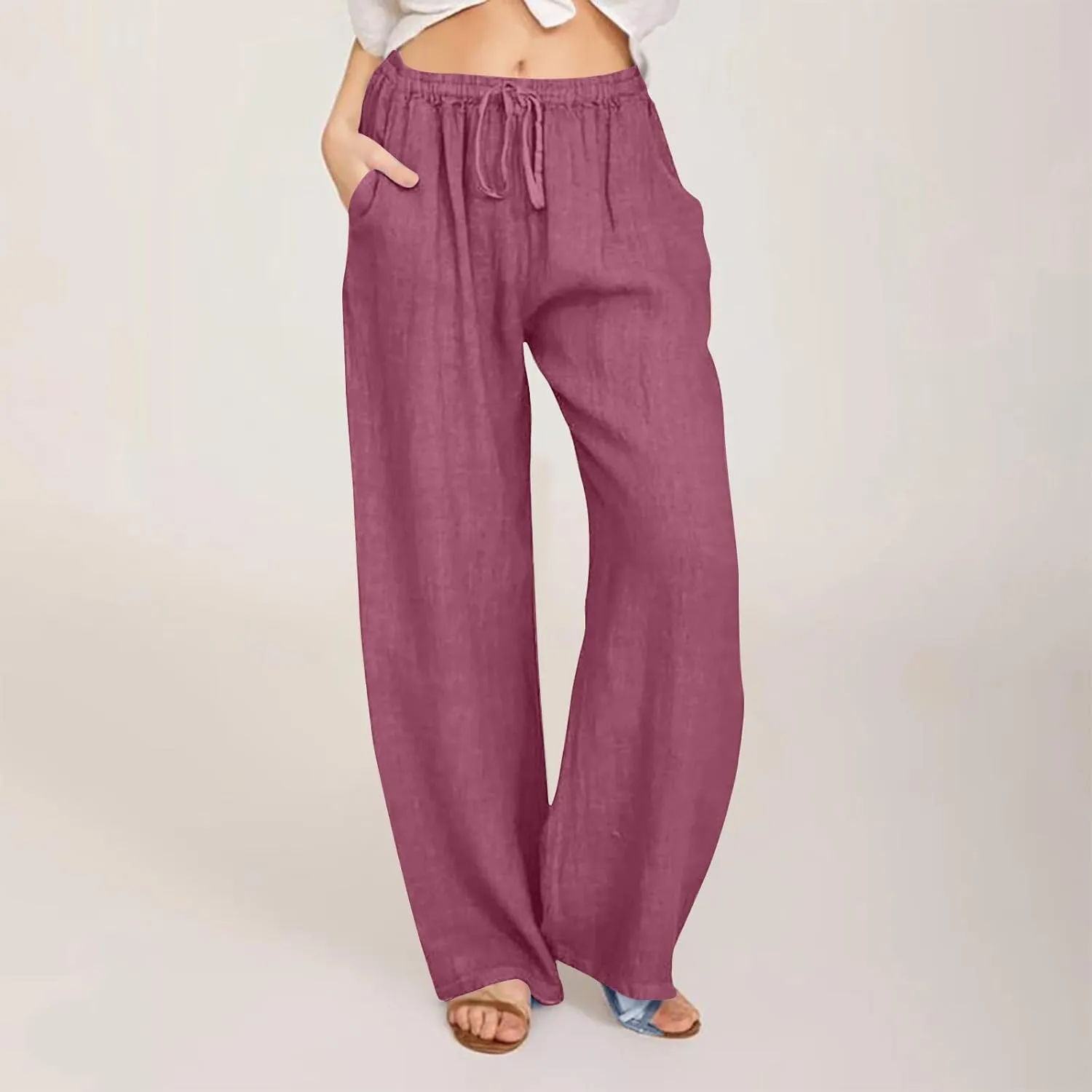 Linen Pants Women Casual Linen High Waist Pant Loose Fit Summer Pants Trousers Cotton Linen Palazzo Pants with Pockets