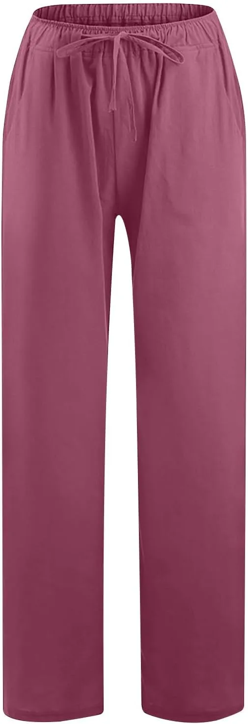 Linen Pants Women Casual Linen High Waist Pant Loose Fit Summer Pants Trousers Cotton Linen Palazzo Pants with Pockets