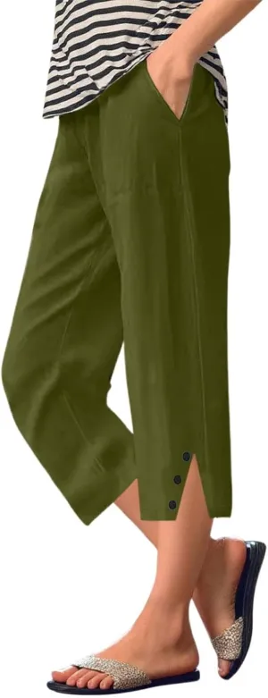 Linen Pants Women Cropped Loose High Waisted Lightweight Spring Summer Pants Palazzo Trousers Beach Travel Vacation Outfits